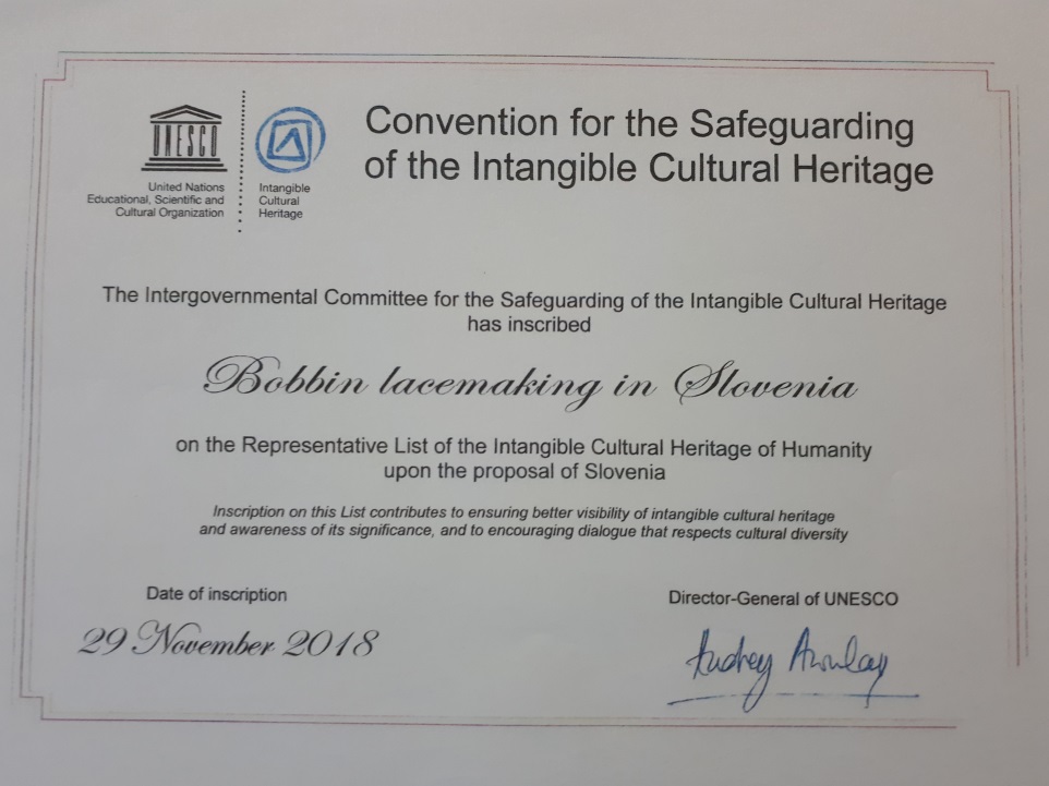 Certifikat UNESCO društvo Lipa vpis v seznam nesnovne kulturne dediščine človeštva
